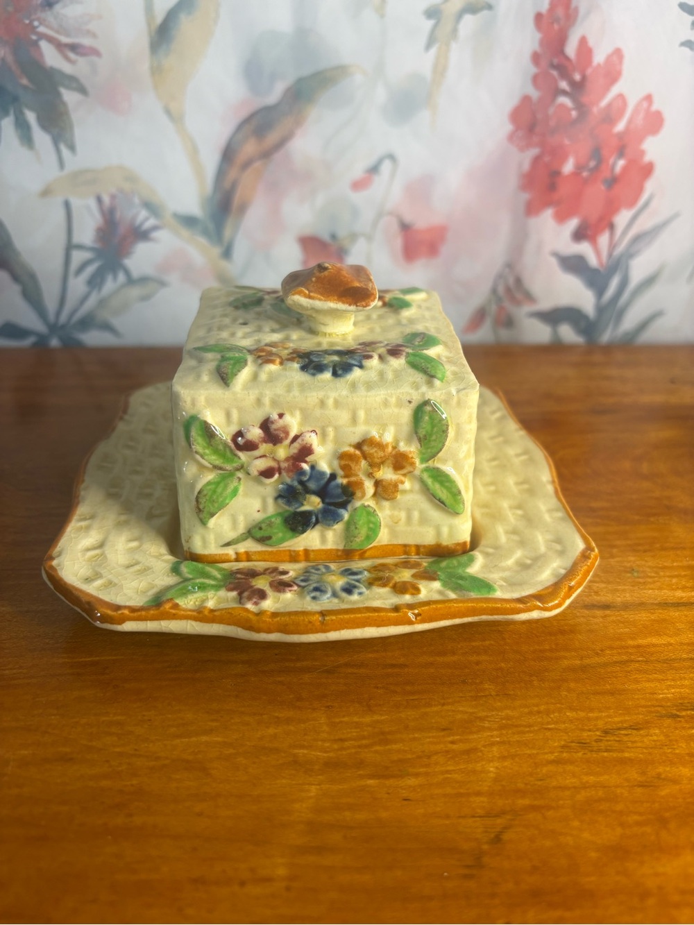 Vintage Hand-Painted Floral Ceramic Butter Dish in Cream and Green
